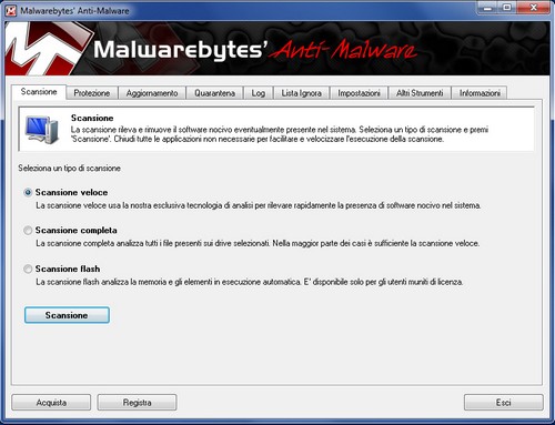 Malwarebytes Anti-Malware: Sezione Scansione
