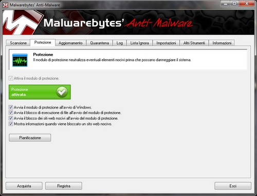 Malwarebytes Anti-Malware: Sezione Protezione