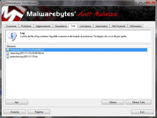 Malwarebytes Anti-Malware: Sezione Log