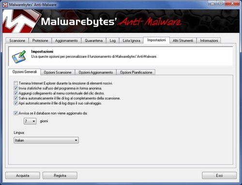 Malwarebytes Anti-Malware: Sezione Impostazioni - Opzioni Generali