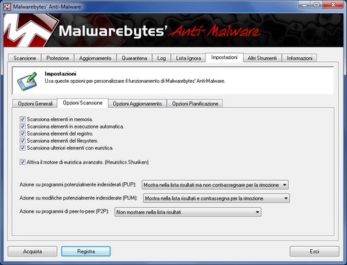 Malwarebytes Anti-Malware: Sezione Impostazioni - Opzioni Scansione