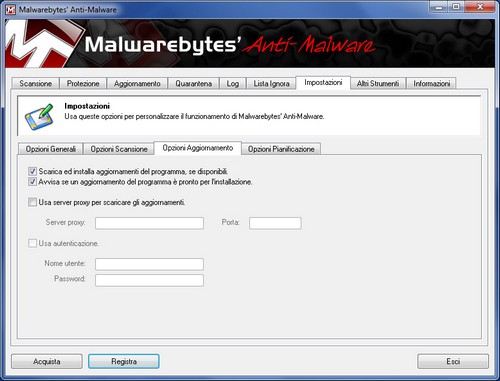 Malwarebytes Anti-Malware: Sezione Impostazioni - Opzioni Aggiornamento