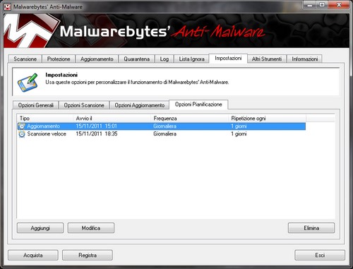 Malwarebytes Anti-Malware: Sezione impostazioni - Opzioni Pianificazione