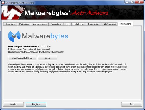 Malwarebytes Anti-Malware: Sezione Informazioni