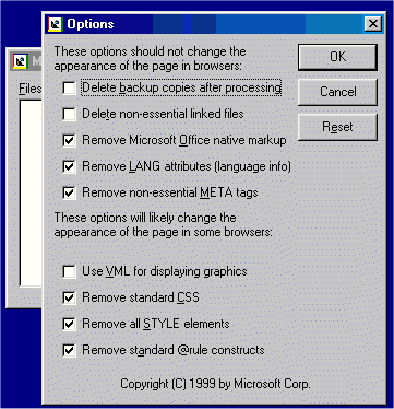 Finestra Opzioni di Office 2000 HTML Filter