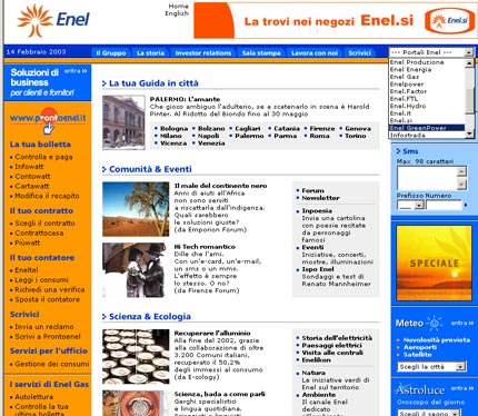 Homepage del sito Enel, con navigazione per sottositi