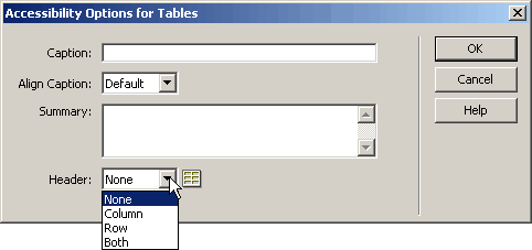 Finestra di dialogo per le tabelle