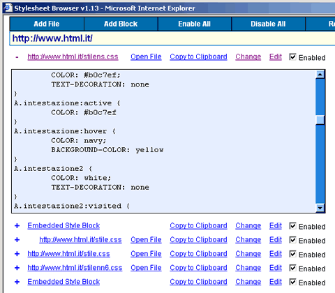 L'interfaccia di CSS Stylesheet Browser