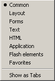 Il menu dei gruppi di oggetti della Toolbar Insert