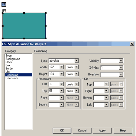 Controllo di un div a posizionamento assoluto (layer nel gergo di Dreamweaver) per mezzo della finestra di dialogo del CSS editor