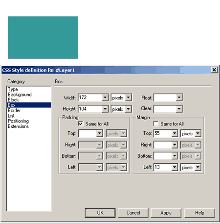 Lo stesso div posizionato solo con le proprietà del box (e relativa finestra di dialogo del CSS editor di Dreamweaver)