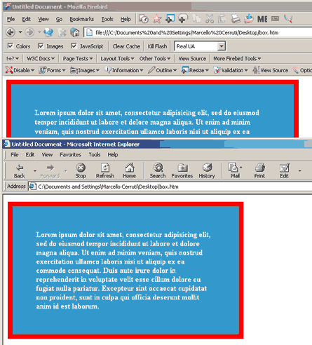 Diverse intepretazioni del box model: in alto quella corretta, in basso quella di IE