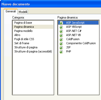 Pannello per la creazione di una nuova pagina in Dreamweaver MX