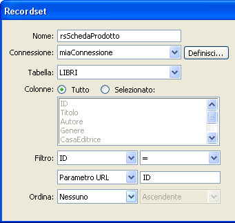 Impostazione delle proprietà del recordset