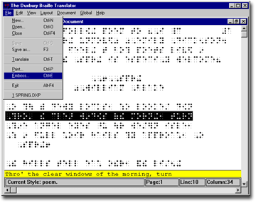 Schermata di Duxbury Braille translation, programma che trasforma in braille un testo in nero