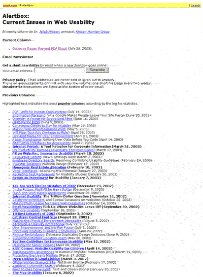 Il lungo elenco di Alert Box del sito di Jacob Nielsen