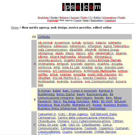 Una pagina del sito IPSE con i contenuti archiviati per ordine alfabetico