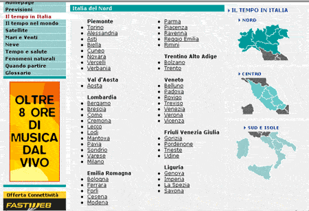 Immagine della sezione meteo di Repubblica.it con la schematizzazione per regioni italiane