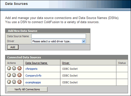 Pannello Data Sources di ColdFusion MX: come aggiungere un data source