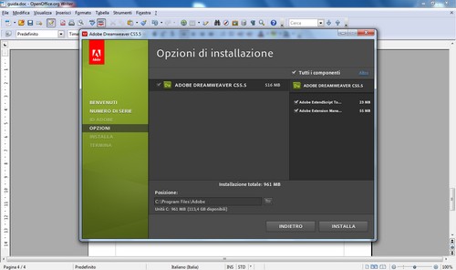 Opzioni di installazione di Dreamweaver.