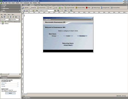 Area di lavoro di Dreamweaver MX