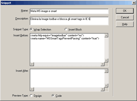 La finestra di dialogo Snippet