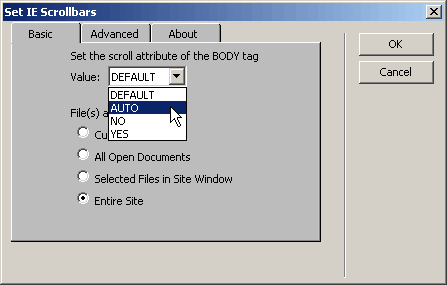 La finestra di dialogo dell'estensione Set IE Scrollbars