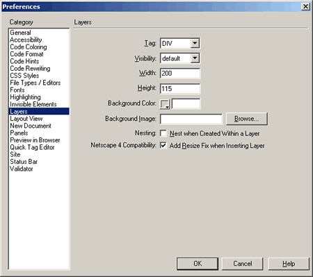 Le impostazioni predefinite dei layers della finestra di dialogo Layers del menù Preferences