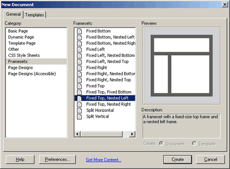 I modelli di frameset della nuova finestra di dialogo di Dreamweaver MX