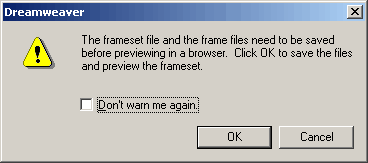 Finestra di avvertimento per l'anteprima nel browser di un frameset