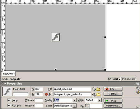 Il filmato Flash ed il relativo pannello Property