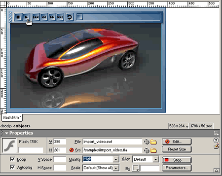 Esecuzione di un filmato Flash dentro Dreamweaver