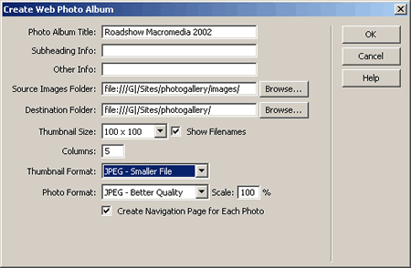 Finestra di dialogo di Create Web Photo Album
