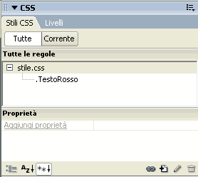 Vista del foglio di stile esterno nel pannello Stili CSS