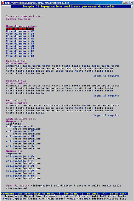 La visualizzazione nel browser testuale Lynx del file tabforma.htm basato su tabelle d'impaginazione e non sui fogli di stile