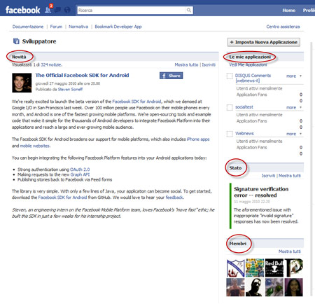 Figura 5: La pagina dell'applicazione per svilupatori di Facebook
