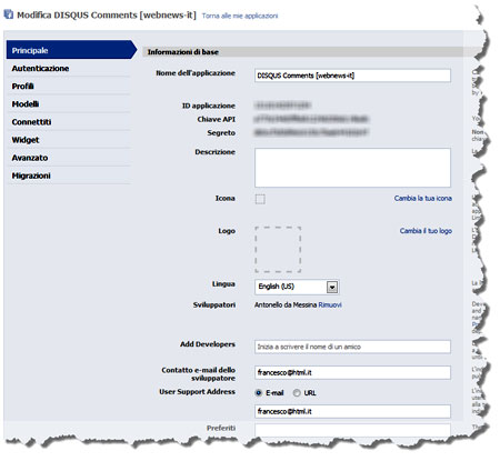 Figura 7: La scheda Principale di un'applicazione Facebook