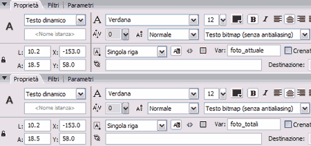 Pannelli proprietà dei due campi di testo