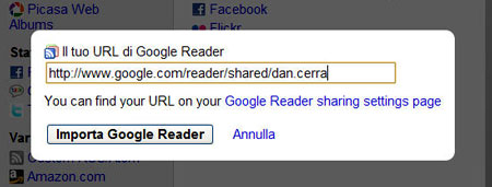 La finestra di configurazione di Google Reader