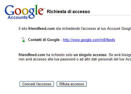 Una richiesta di accesso per contatti di Google
