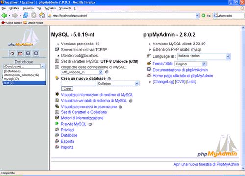 La homepage di PhpMyAdmin dopo l'installazione