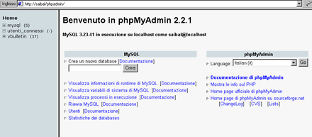 Homepage di phpmyadmin