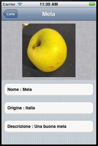 Schermata di visualizzazione del dettaglio dei dati di un frutto per l'applicazione demo