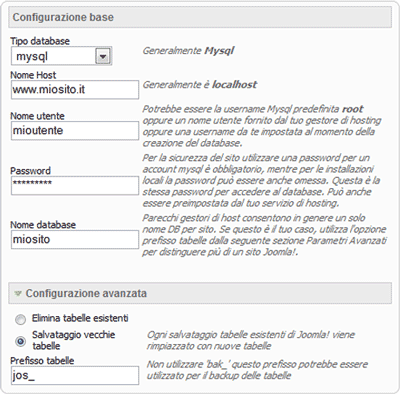 Inserire i parametri del database