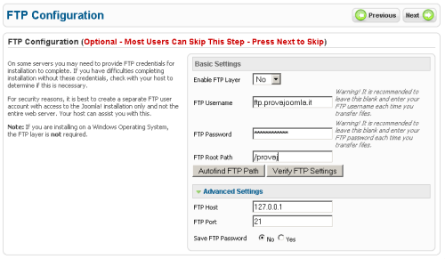 Configurazione FTP
