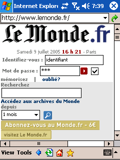 Homepage di LeMonde.fr visualizzata da un palmare PocketPC.
