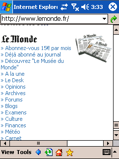 Parte finale della homepage di LeMonde.fr, visualizzata da un palmare PocketPC.
