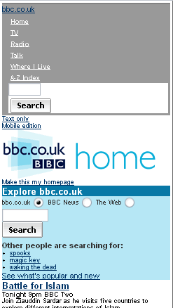 Homepage di BBC.co.uk vista con Opera in modalità SSR.