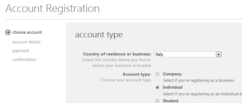 Registrazione di un account individuale, primo step