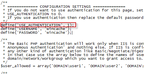 Configurazione della sicurezza del file wincache.php